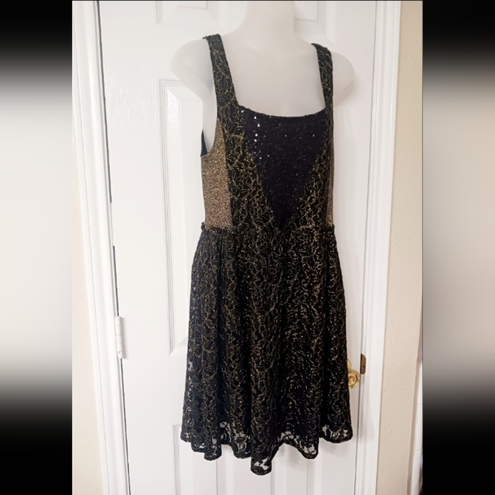 Miss Me Black and Gold Sequin Lace Babydoll Dress NWT!
